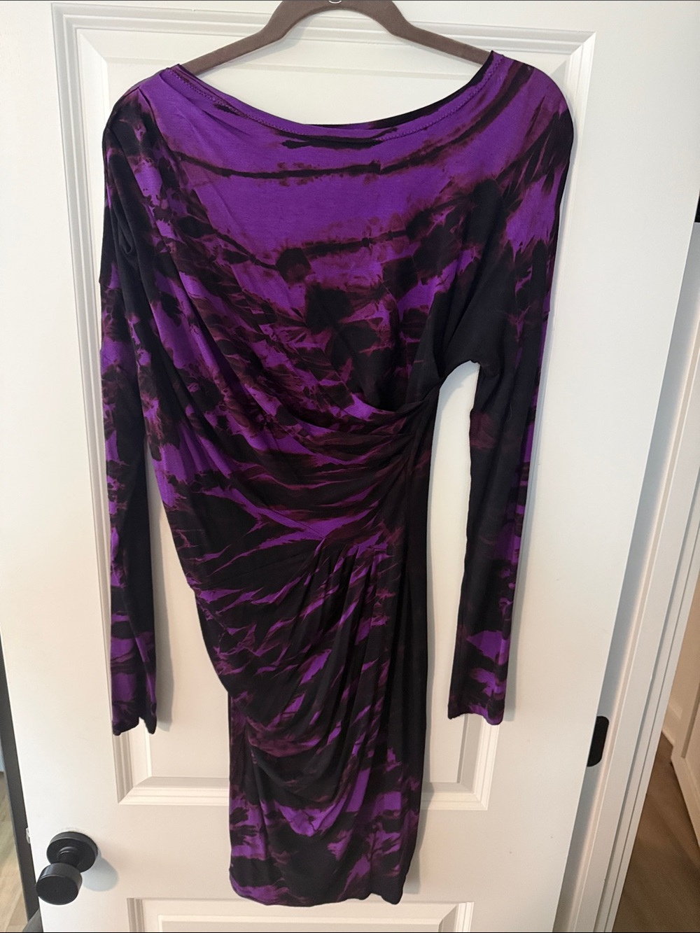 Ruched Long-Sleeve Purple and Black Evening Dress